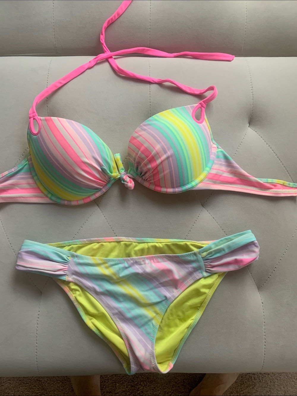 Victoria's Secret Multicolor Pastel Stripe Bikini with Hot Pink Ties